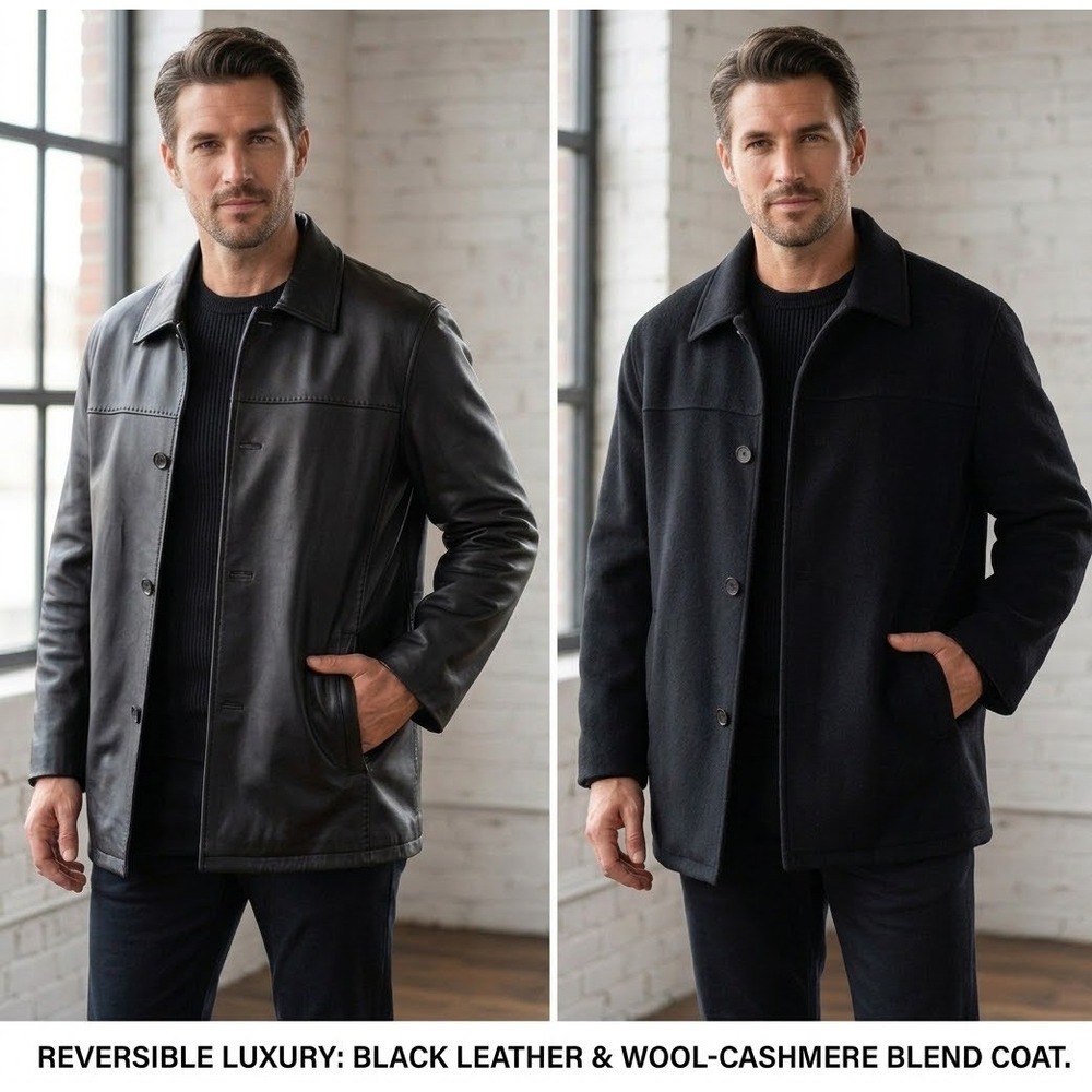 Andrew Marc Mens Leather Cashmere &‎ Wool Car Coat Reversible Black Jacket XXL